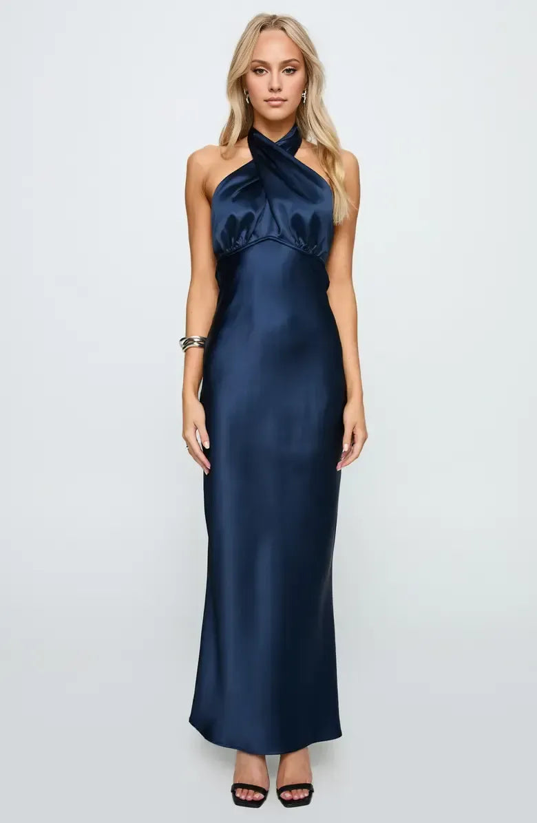 Casual Fitted Halter Neck Sleeveless Floor-Length Prom Dress