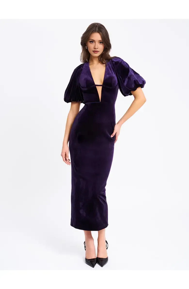 Casual Sheath V Neck Bubble Sleeve Ankle-Length Prom Dress