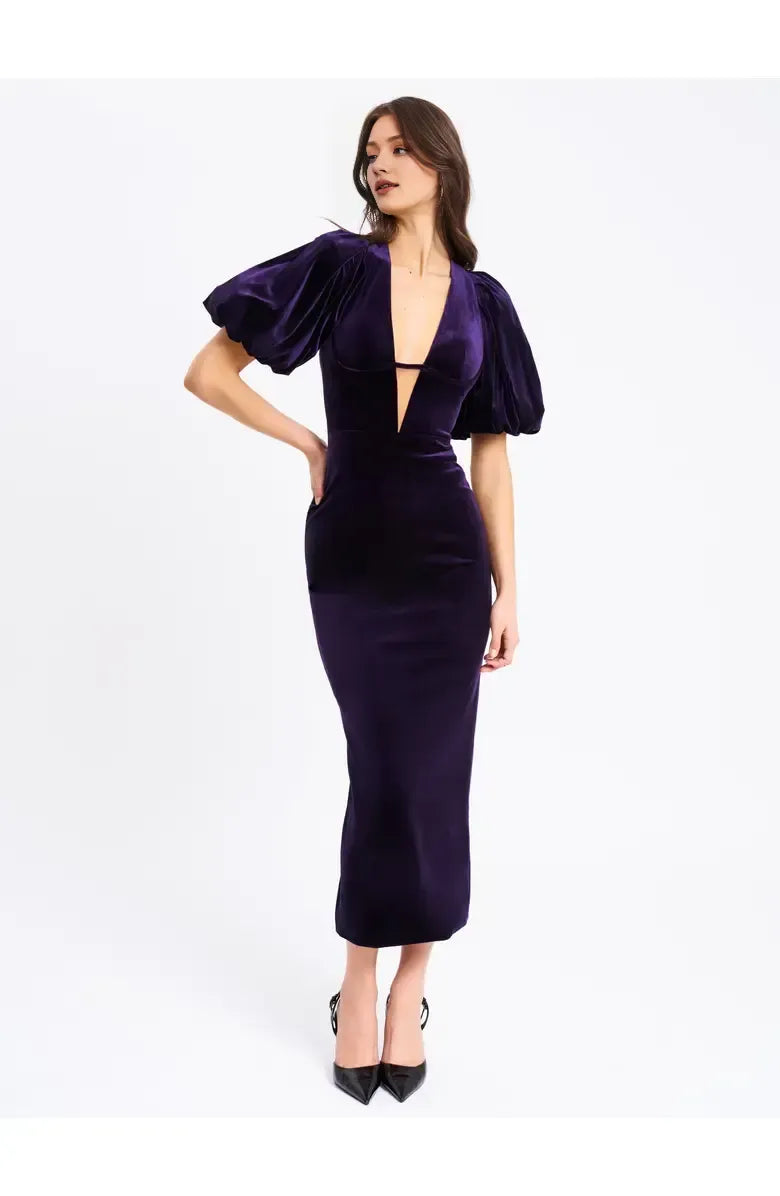 Casual Sheath V Neck Bubble Sleeve Ankle-Length Prom Dress