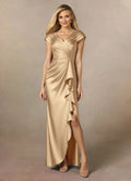 Dress Champagne Pleated A-Line Mother Of The Bride Evening Dress Classic Cape Sleeve Leg Slit Mother Of The Groom Dresses