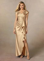 Dress Champagne Pleated A-Line Mother Of The Bride Evening Dress Classic Cape Sleeve Leg Slit Mother Of The Groom Dresses
