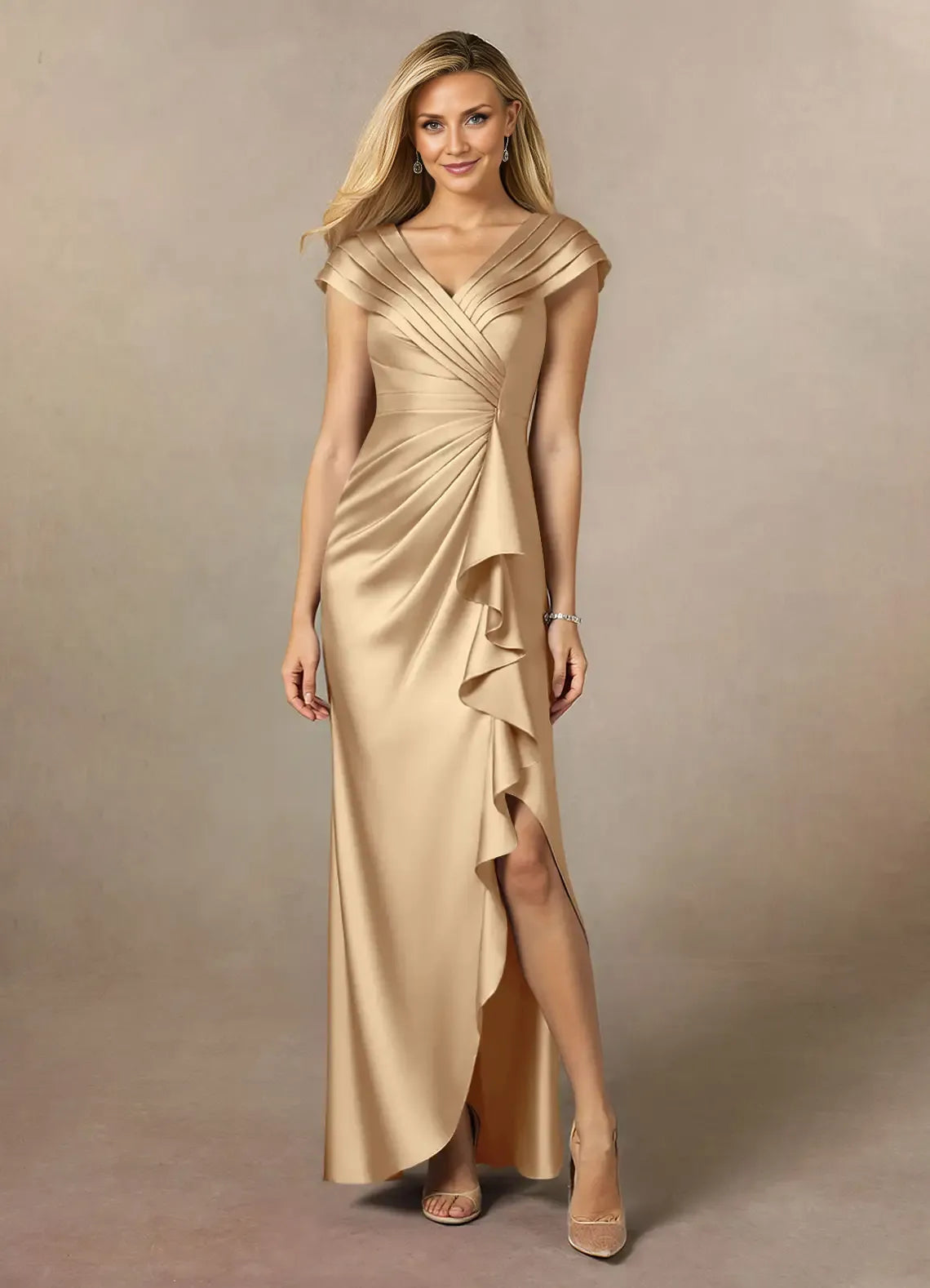 Dress Champagne Pleated A-Line Mother Of The Bride Evening Dress Classic Cape Sleeve Leg Slit Mother Of The Groom Dresses