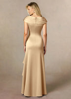 Dress Champagne Pleated A-Line Mother Of The Bride Evening Dress Classic Cape Sleeve Leg Slit Mother Of The Groom Dresses