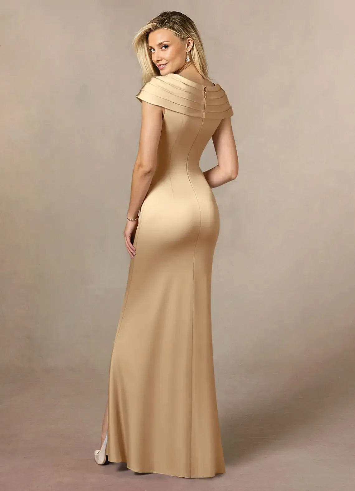Dress Champagne Pleated A-Line Mother Of The Bride Evening Dress Classic Cape Sleeve Leg Slit Mother Of The Groom Dresses