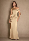 Dress Champagne A-Line Pleated Maxi Dress Modern Cold Shoulder Sleeve Asymmetrical Neck Mother of the Bride Dress