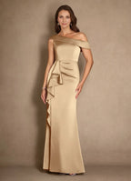 Dress Champagne A-Line Pleated Maxi Dress Modern Cold Shoulder Sleeve Asymmetrical Neck Mother of the Bride Dress