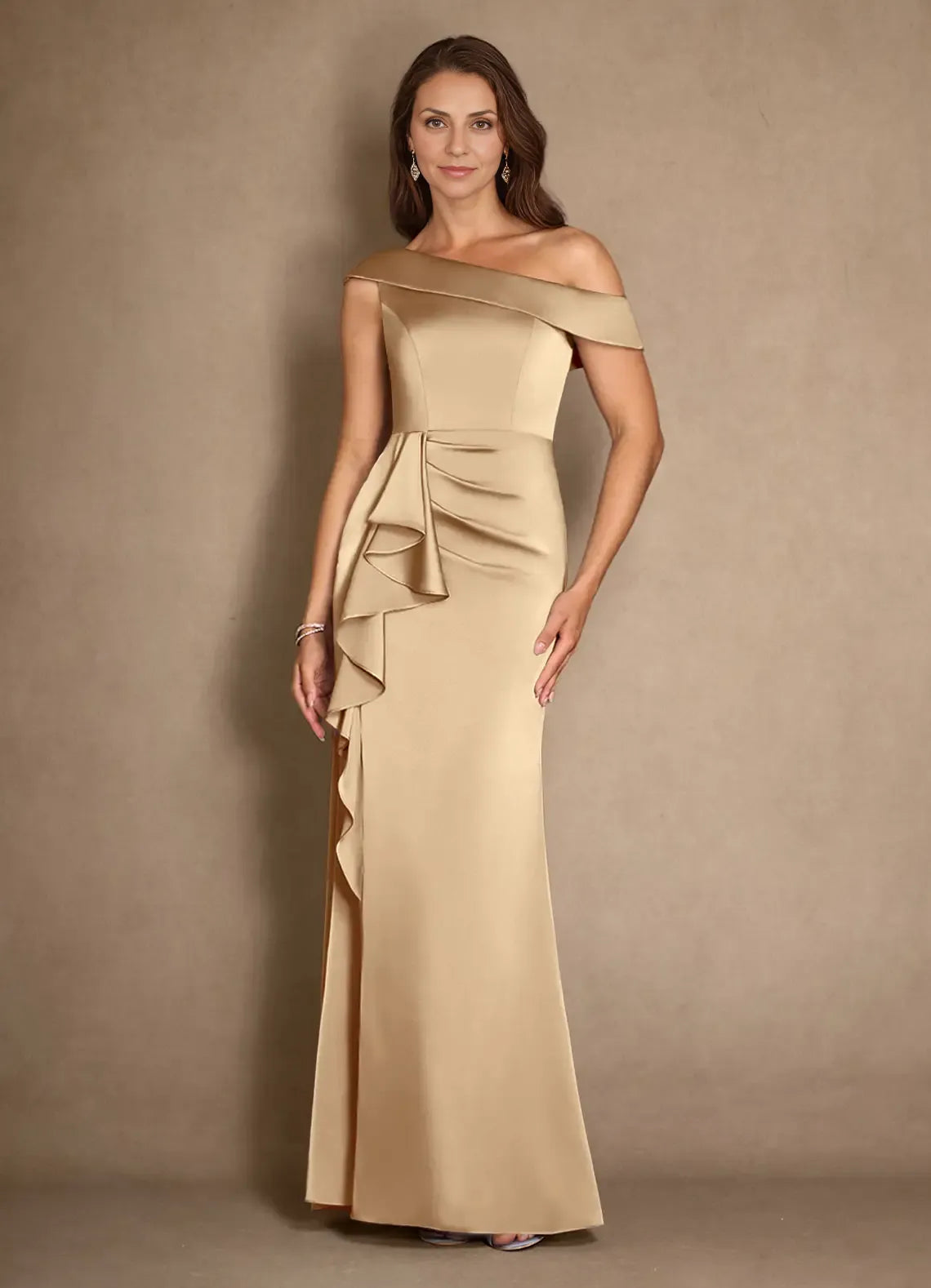 Dress Champagne A-Line Pleated Maxi Dress Modern Cold Shoulder Sleeve Asymmetrical Neck Mother of the Bride Dress