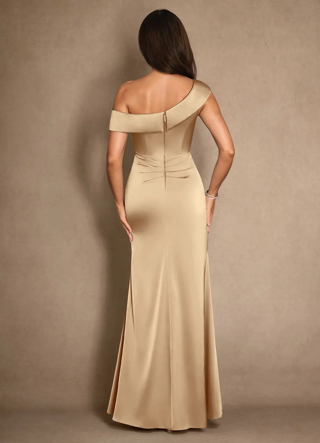 Dress Champagne A-Line Pleated Maxi Dress Modern Cold Shoulder Sleeve Asymmetrical Neck Mother of the Bride Dress