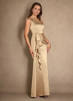 Dress Champagne A-Line Pleated Maxi Dress Modern Cold Shoulder Sleeve Asymmetrical Neck Mother of the Bride Dress