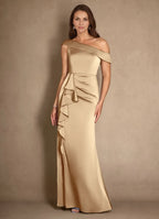 Dress Champagne A-Line Pleated Maxi Dress Modern Cold Shoulder Sleeve Asymmetrical Neck Mother of the Bride Dress
