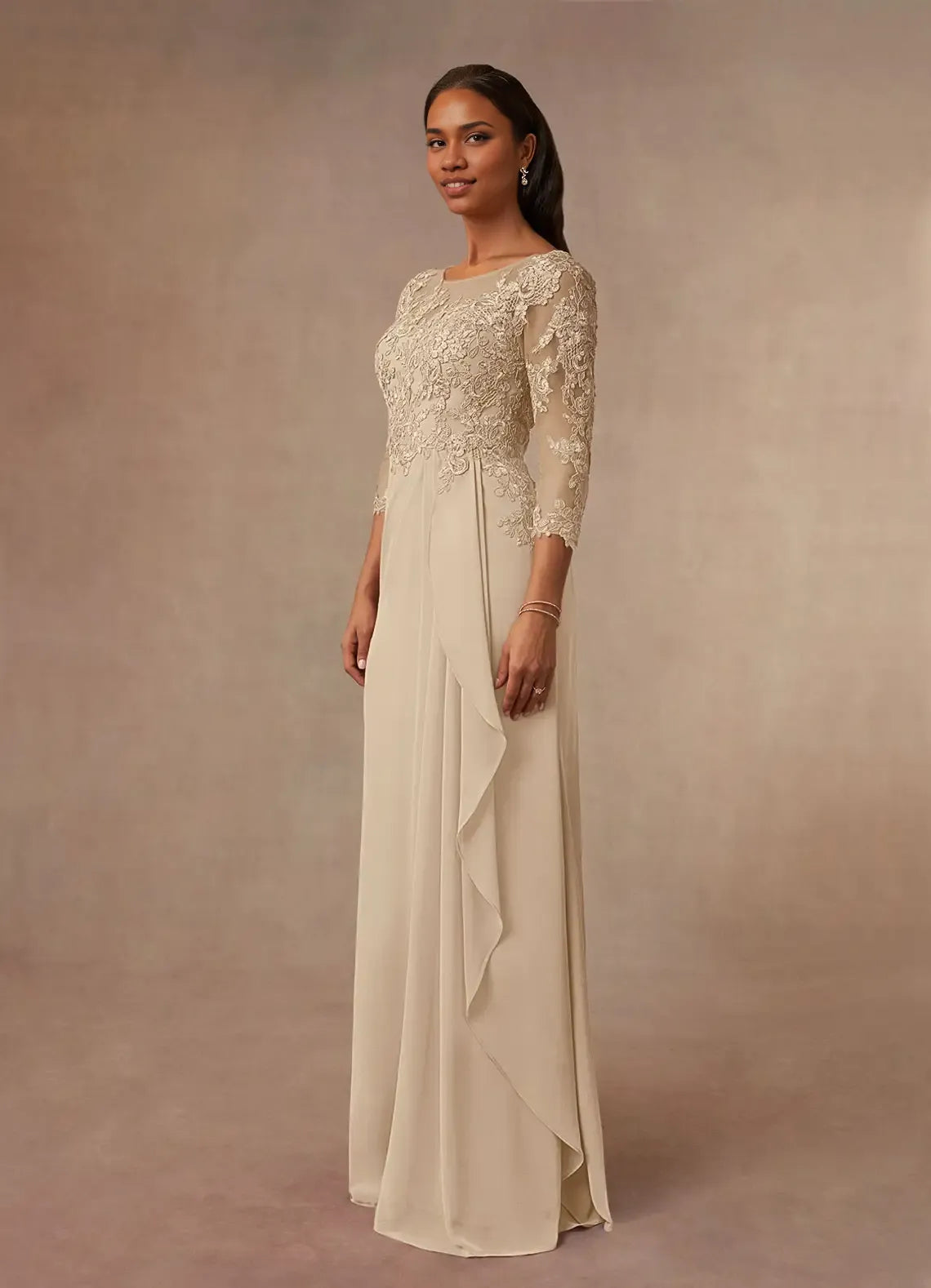 Dress Champagne A-Line Scoop Mother Of The Bride Evening Dress Elegant Ruffle Three-Quarter Sleeve V Back Plus Size Mother Of The Bride Dress