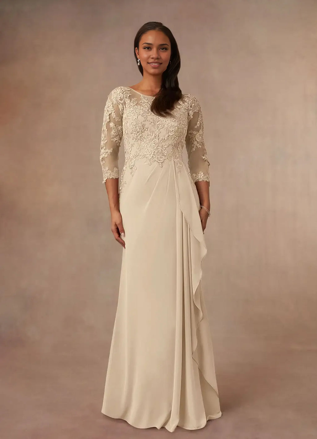 Dress Champagne A-Line Scoop Mother Of The Bride Evening Dress Elegant Ruffle Three-Quarter Sleeve V Back Plus Size Mother Of The Bride Dress