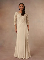 Dress Champagne A-Line Scoop Mother Of The Bride Evening Dress Elegant Ruffle Three-Quarter Sleeve V Back Plus Size Mother Of The Bride Dress