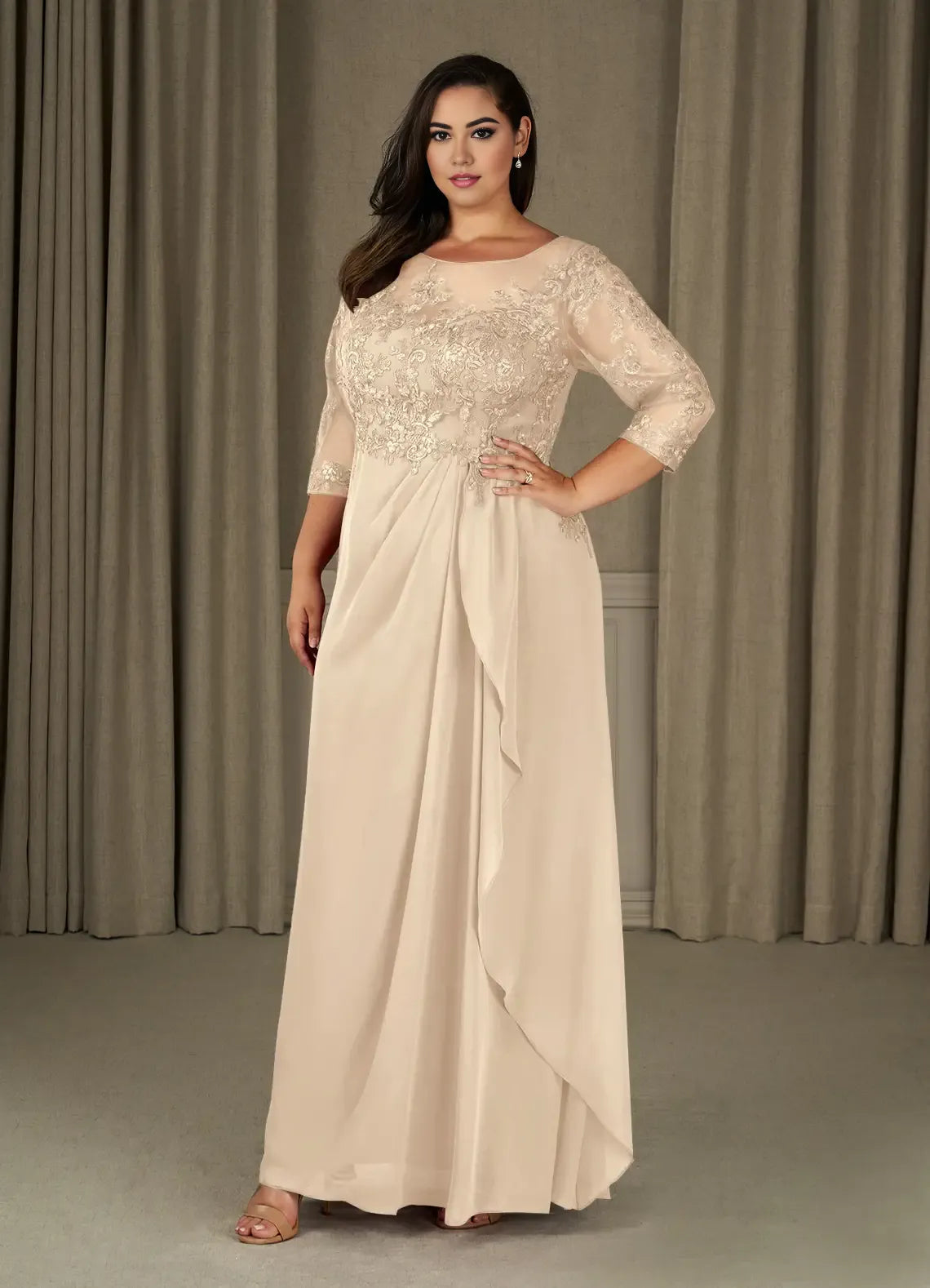 Dress Champagne A-Line Scoop Mother Of The Bride Evening Dress Elegant Ruffle Three-Quarter Sleeve V Back Plus Size Mother Of The Bride Dress