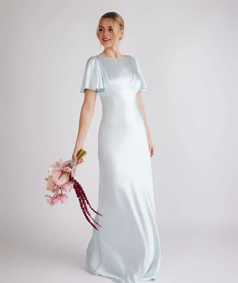 Dress Fashion Gathered Bust Bridesmaid Dress Maxi Dress Solid Color Champagne Flutter Sleeve Column Prom Dress