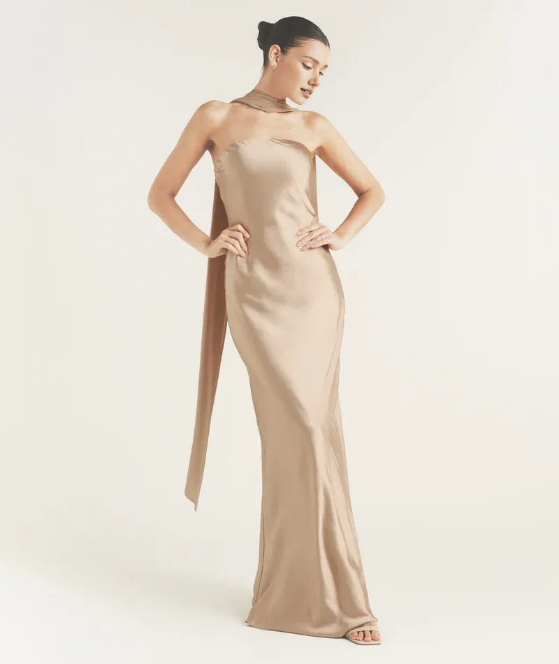 Dress Fashion Strapless Neck Bridesmaid Dress Maxi Dress Backless Solid Color Sleeveless Prom Dress With Scarf
