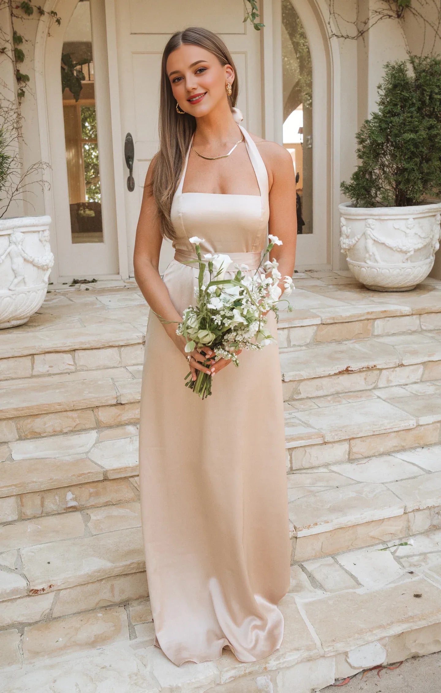 Dress Vintage Halter Neck Sleeveless Maxi Dress A-Line Solid Color Backless Prom Dress