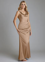 Champagne Satin Cowl Neck Bridesmaid Dress with Ruched Bodice, Open Back and Mermaid Silhouette