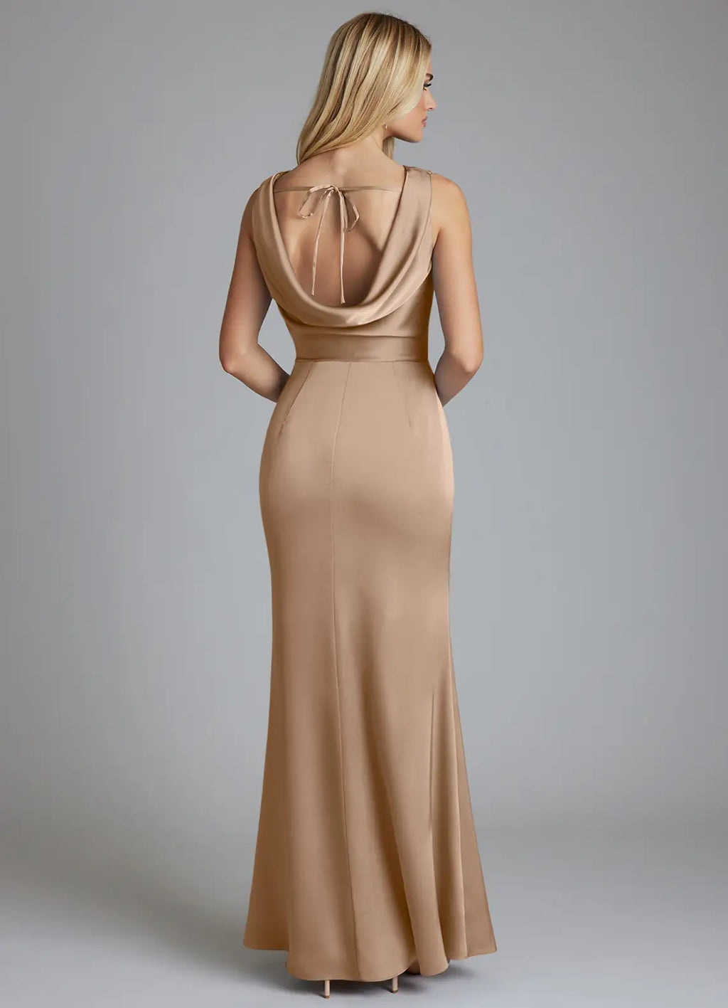 Champagne Satin Cowl Neck Bridesmaid Dress with Ruched Bodice, Open Back and Mermaid Silhouette