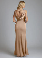 Champagne Satin Cowl Neck Bridesmaid Dress with Ruched Bodice, Open Back and Mermaid Silhouette