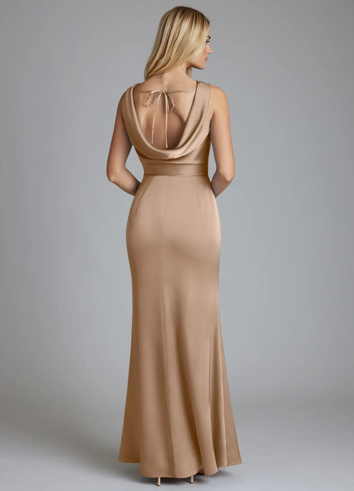 Champagne Satin Cowl Neck Bridesmaid Dress with Ruched Bodice, Open Back and Mermaid Silhouette