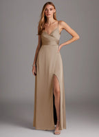Champagne Satin Spaghetti Strap Bridesmaid Dress with Ruched Bodice and High Slit