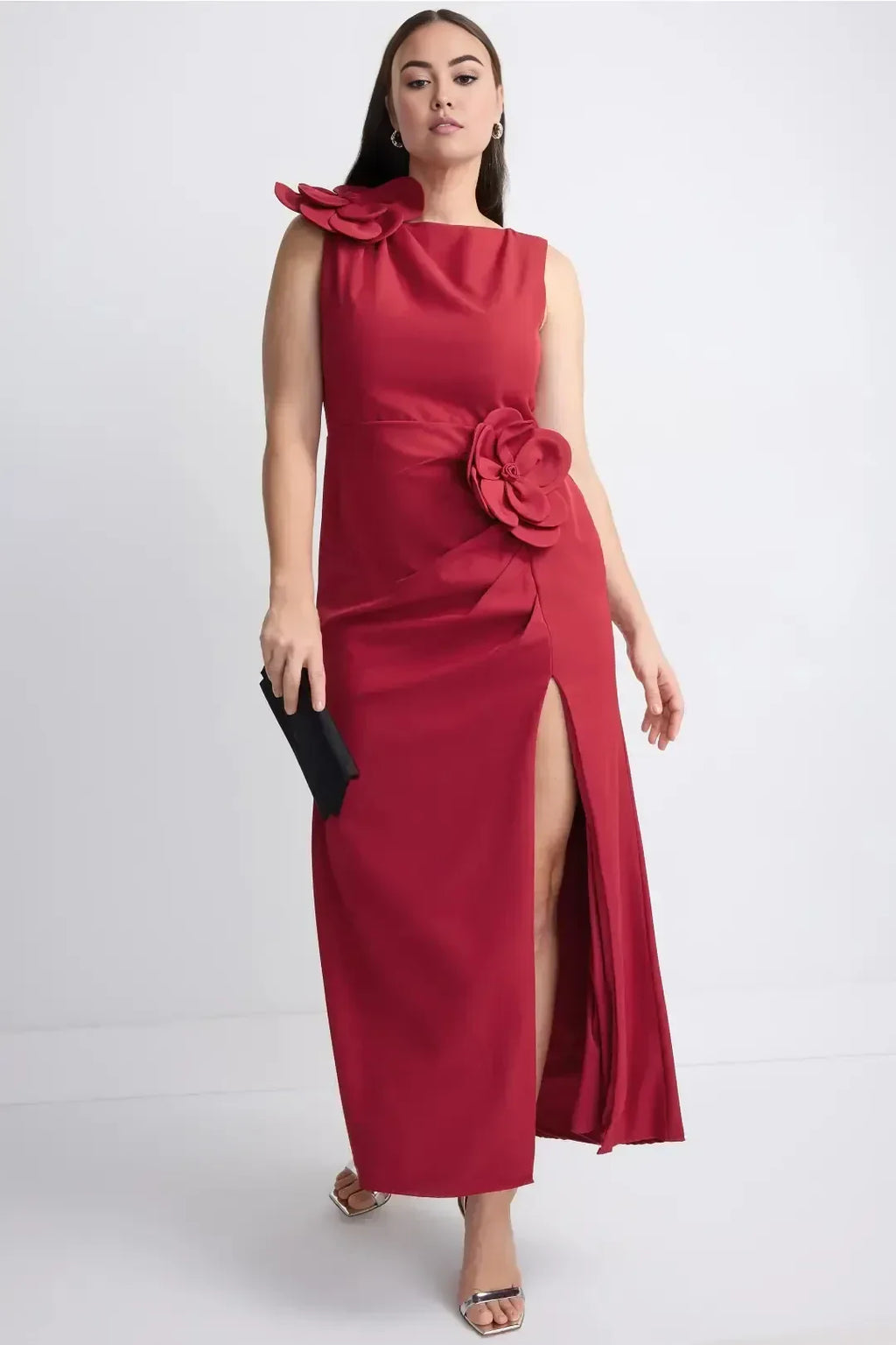 Charming A Line Boat Neck Sleeveless Floral Accent Side Slit Plus Size Floor Length Prom Dress