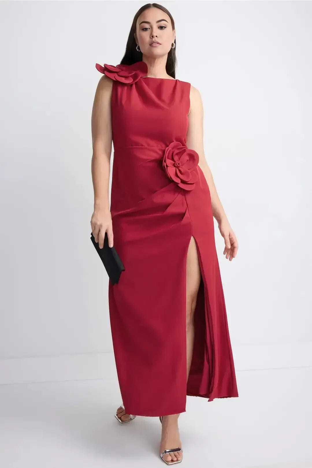 Charming A Line Boat Neck Sleeveless Floral Accent Side Slit Plus Size Floor Length Prom Dress