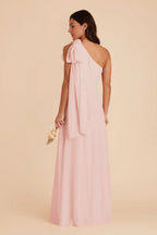Charming A-Line Chiffon One Shoulder Bow Sleeve Open Back Floor Length Bridesmaid Dress