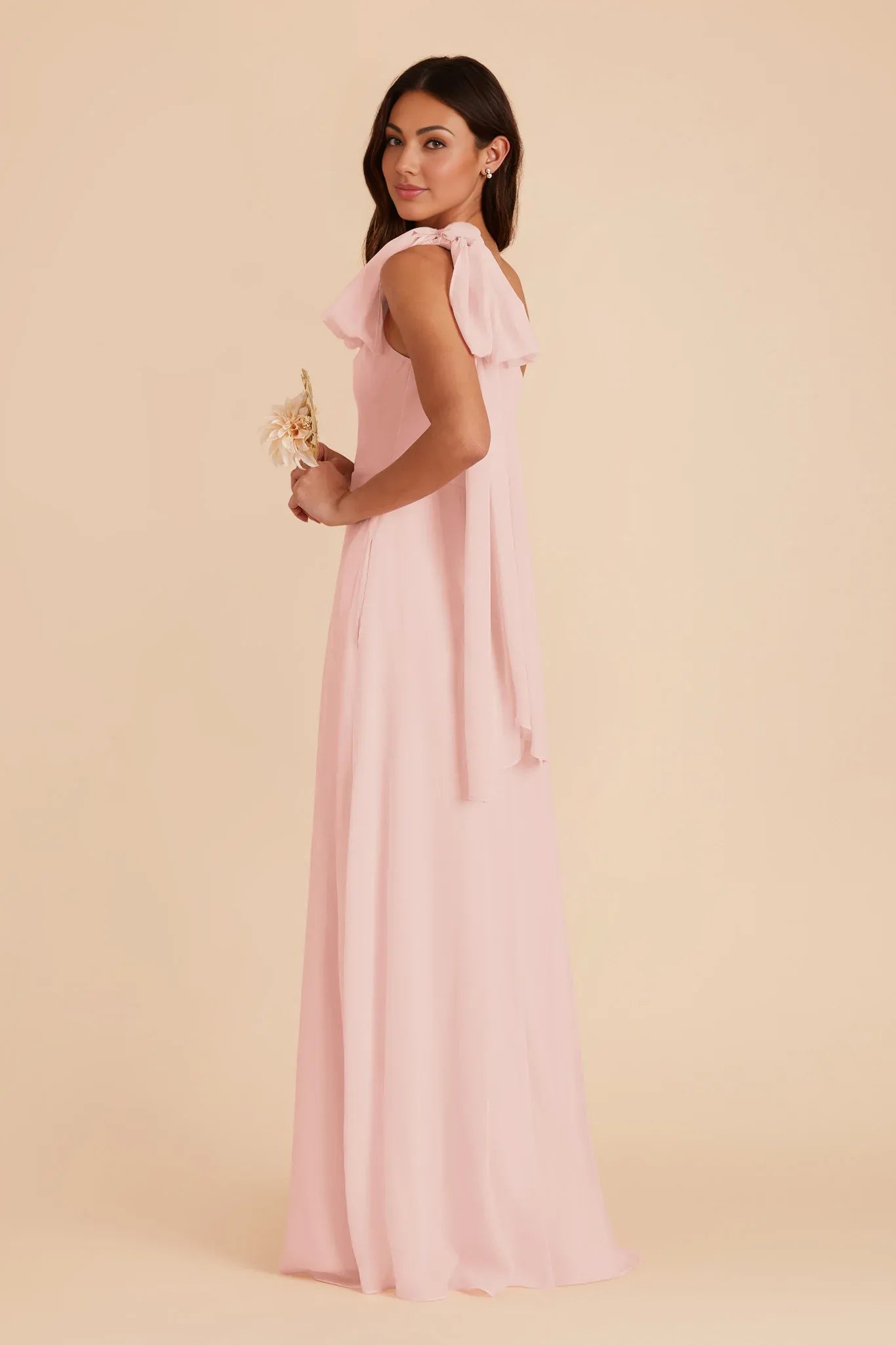 Charming A-Line Chiffon One Shoulder Bow Sleeve Open Back Floor Length Bridesmaid Dress