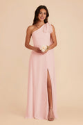 Charming A-Line Chiffon One Shoulder Bow Sleeve Open Back Floor Length Bridesmaid Dress
