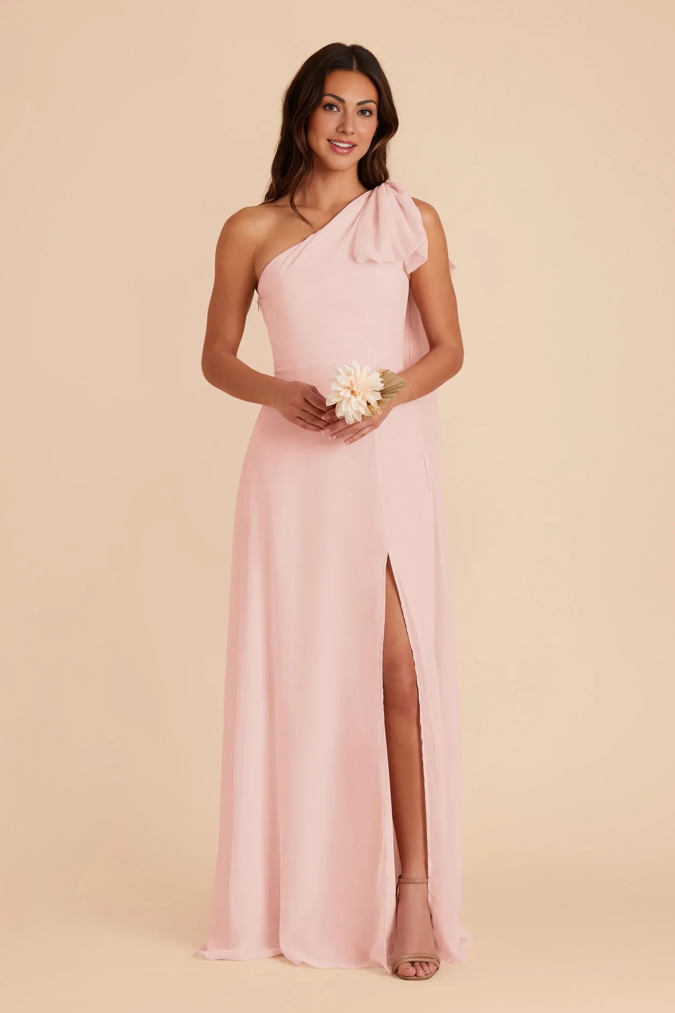 Charming A-Line Chiffon One Shoulder Bow Sleeve Open Back Floor Length Bridesmaid Dress