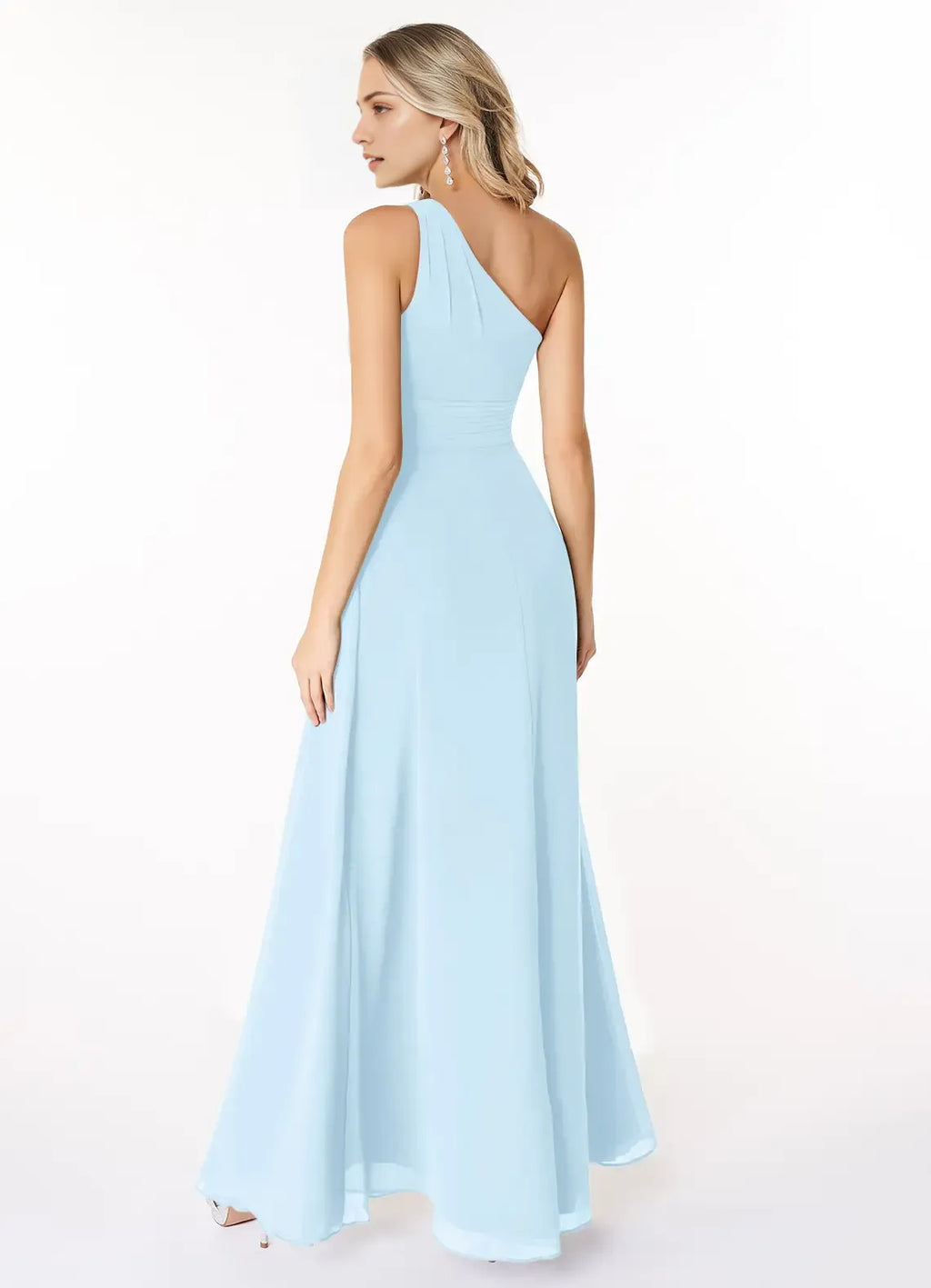 Charming A-Line Chiffon One Shoulder Sleeveless Open Back Floor Length Bridesmaid Dress