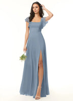 Charming A-Line Chiffon Square Neck Flutter Sleeve Tie Back Floor Length Bridesmaid Dress