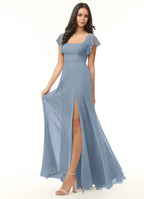 Charming A-Line Chiffon Square Neck Flutter Sleeve Tie Back Floor Length Bridesmaid Dress