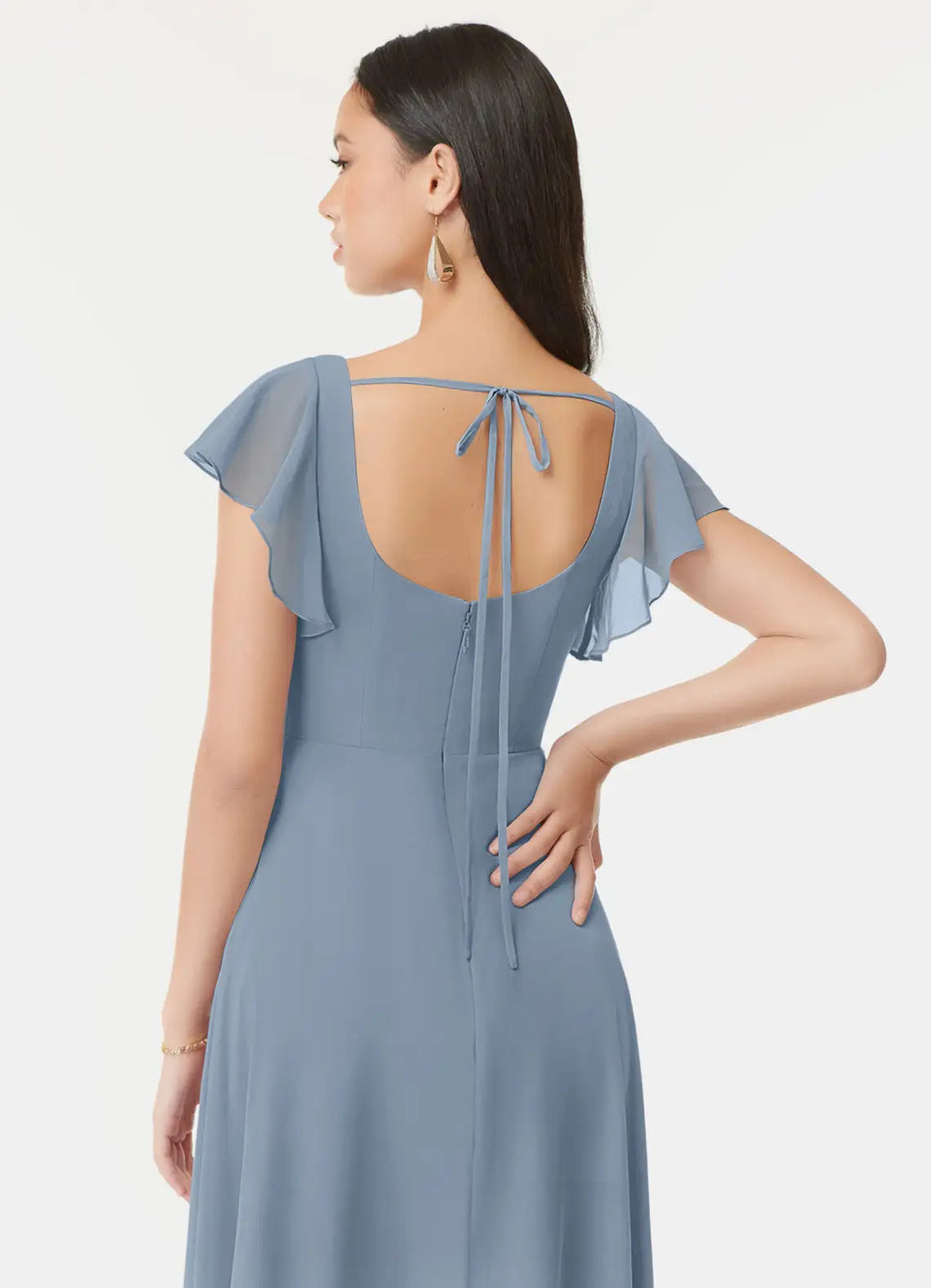 Charming A-Line Chiffon Square Neck Flutter Sleeve Tie Back Floor Length Bridesmaid Dress