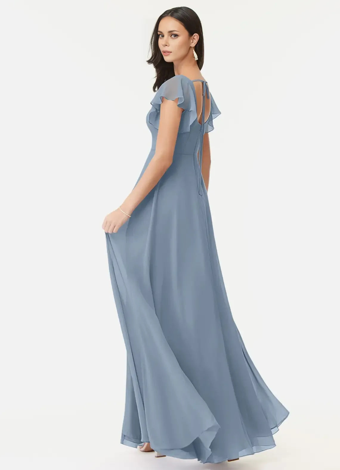 Charming A-Line Chiffon Square Neck Flutter Sleeve Tie Back Floor Length Bridesmaid Dress