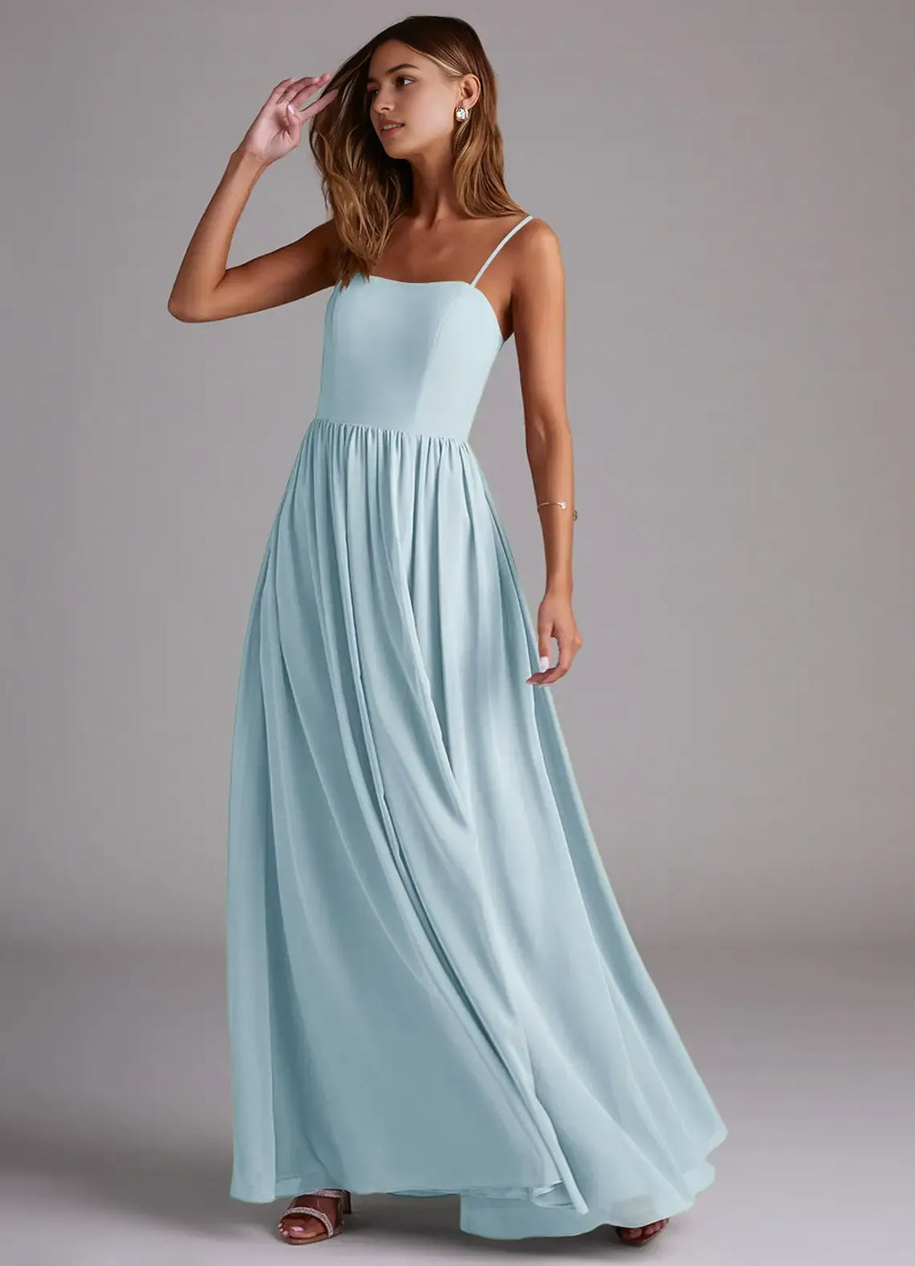 Charming A-Line Chiffon Square Neck Spaghetti Strap Zipper Back Floor Length Bridesmaid Dress