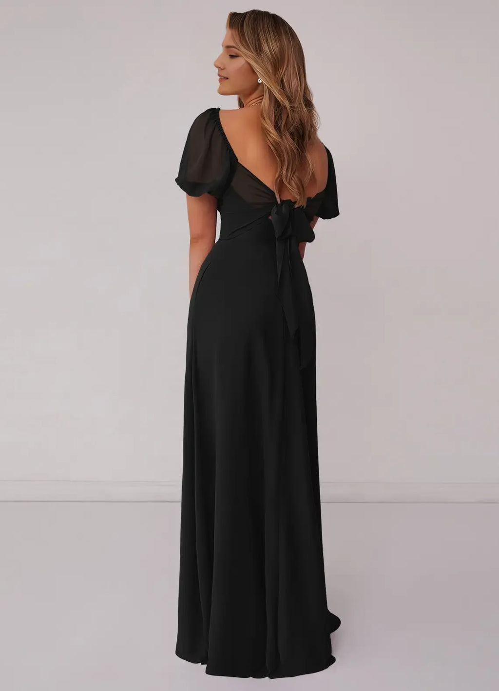 Charming A Line Chiffon Sweetheart Puff Sleeve Bow Back Floor Length Bridesmaid Dress