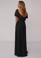 Charming A Line Chiffon Sweetheart Puff Sleeve Bow Back Floor Length Bridesmaid Dress