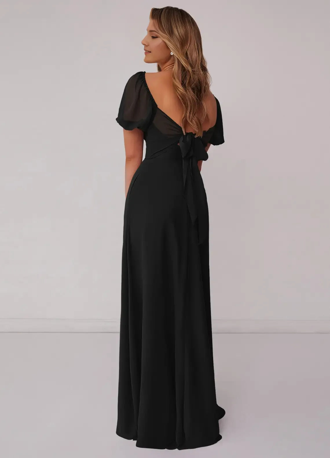 Charming A Line Chiffon Sweetheart Puff Sleeve Bow Back Floor Length Bridesmaid Dress