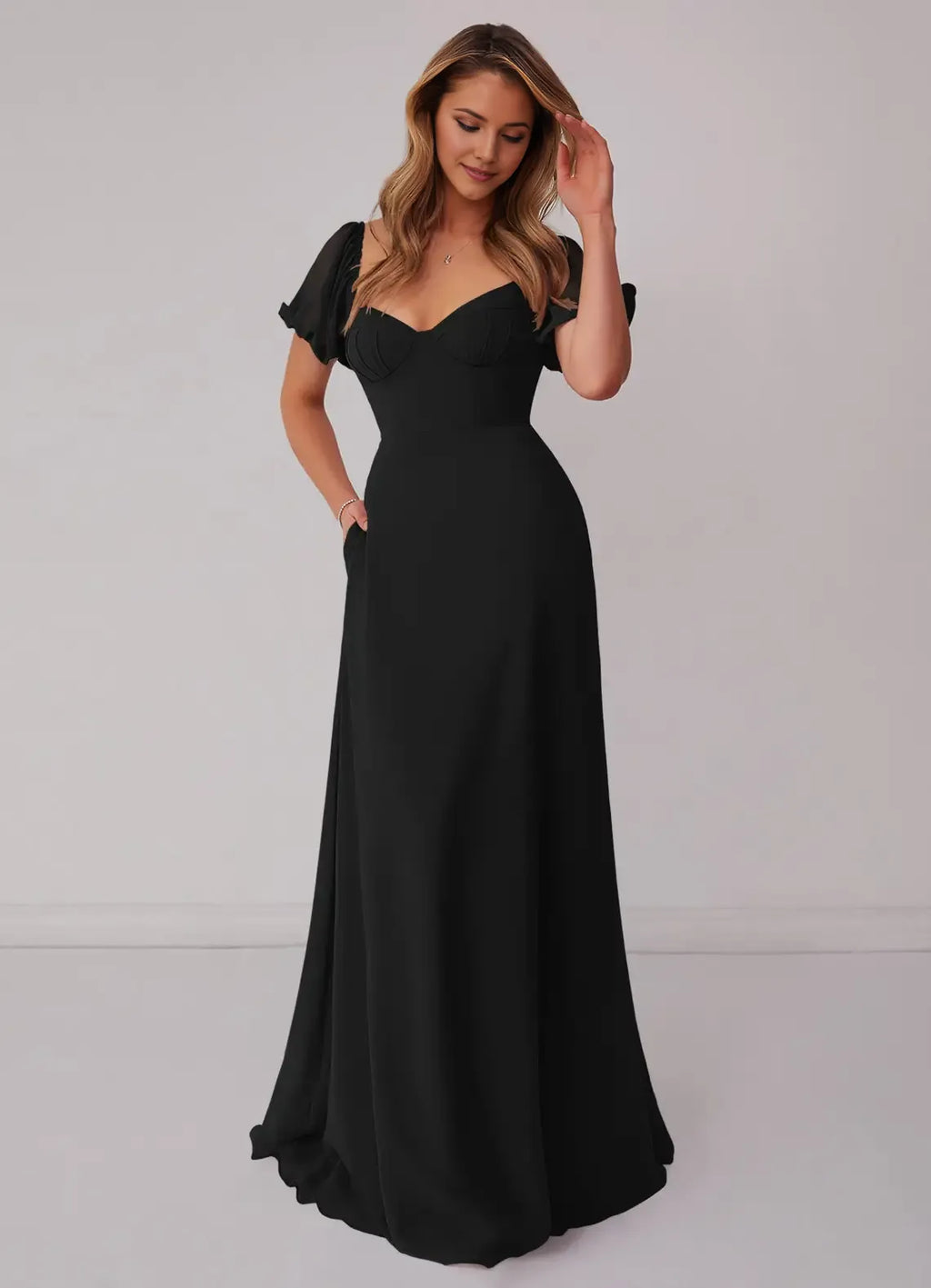 Charming A Line Chiffon Sweetheart Puff Sleeve Bow Back Floor Length Bridesmaid Dress