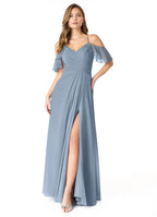 Charming A-Line Chiffon V Neck Ruffle Cold Shoulder Keyhole-Back Floor-Length Bridesmaid Dress