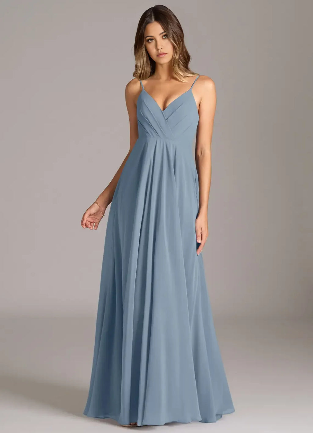Charming A-Line Chiffon V-Neck Spaghetti-Strap Open-Back Floor-Length Bridesmaid Dress