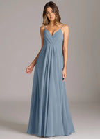 Charming A-Line Chiffon V-Neck Spaghetti-Strap Open-Back Floor-Length Bridesmaid Dress