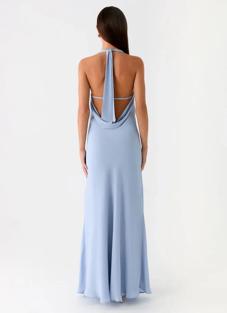 Charming A Line Halter Neck Sleeveless Draped Back Floor Length Plus Size Evening Dress