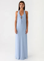 Charming A Line Halter Neck Sleeveless Draped Back Floor Length Plus Size Evening Dress