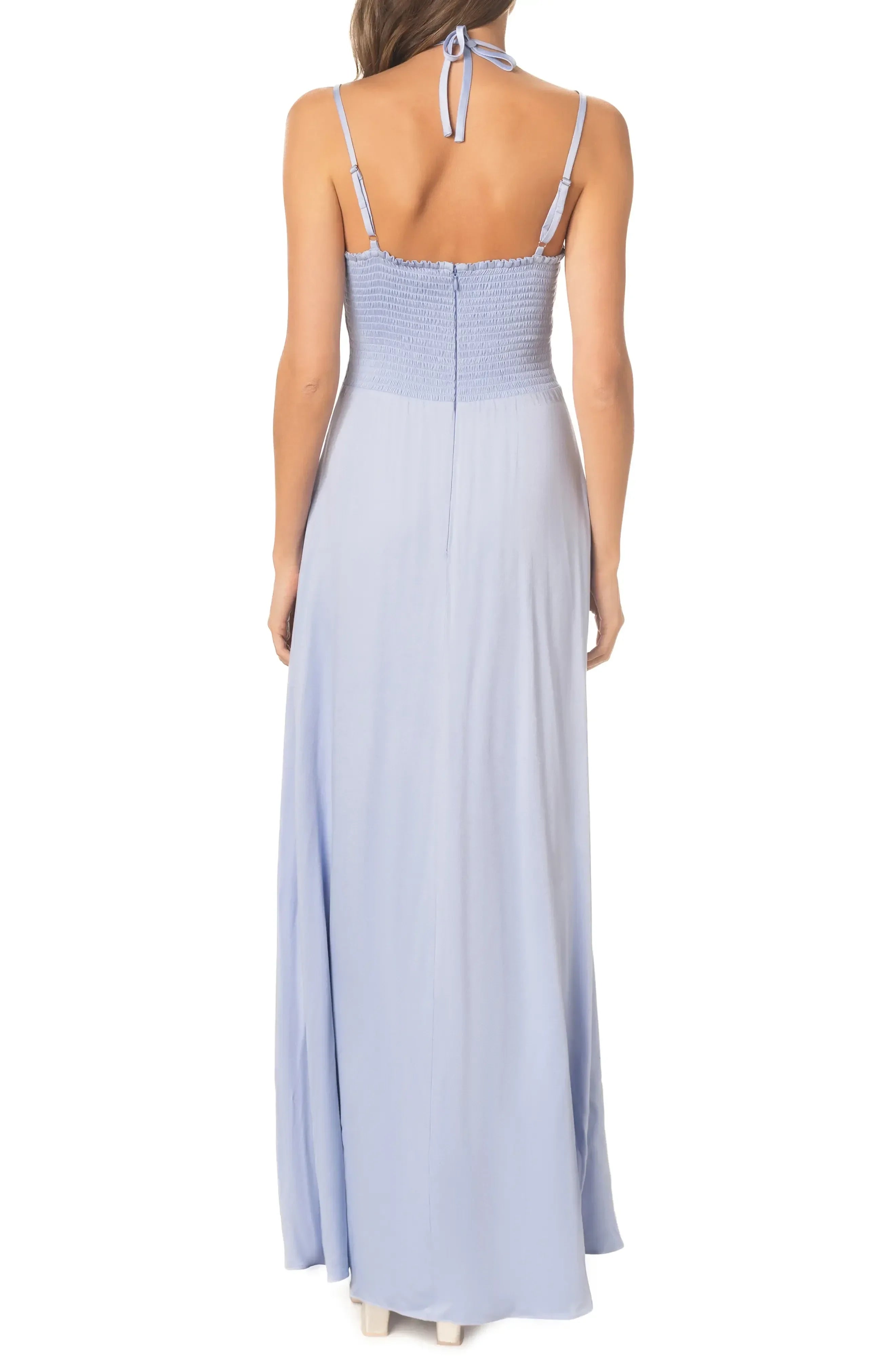 Charming A Line Halter Neck Sleeveless Smocked Back Floor Length Evening Dress