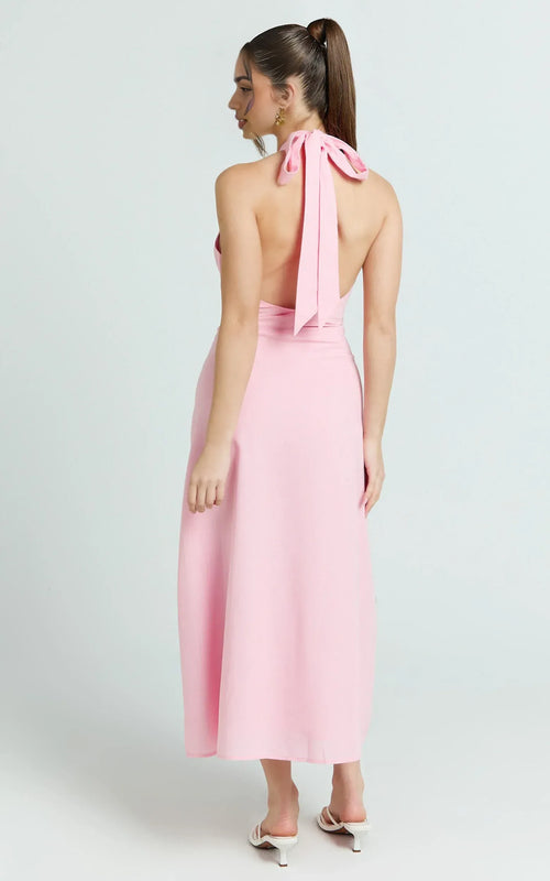 Charming A Line Halter Sleeveless Tie Back Midi Plus Size Evening Dress
