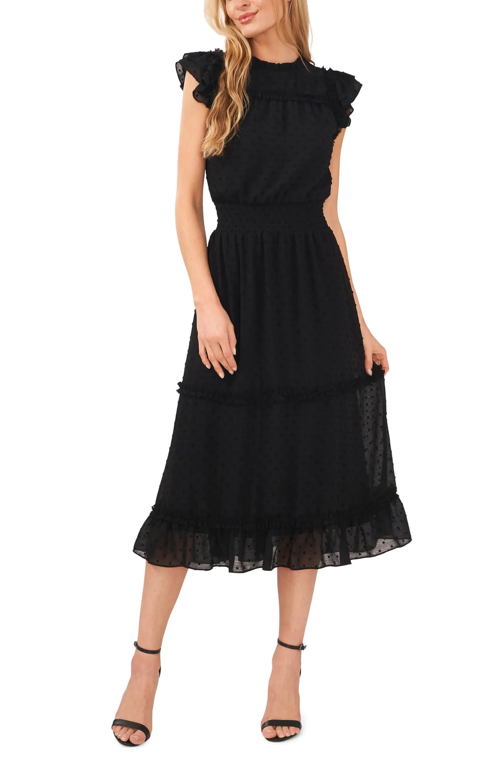 Charming A Line High Neck Ruffled Sleeve Keyhole Back Midi Evening Dress